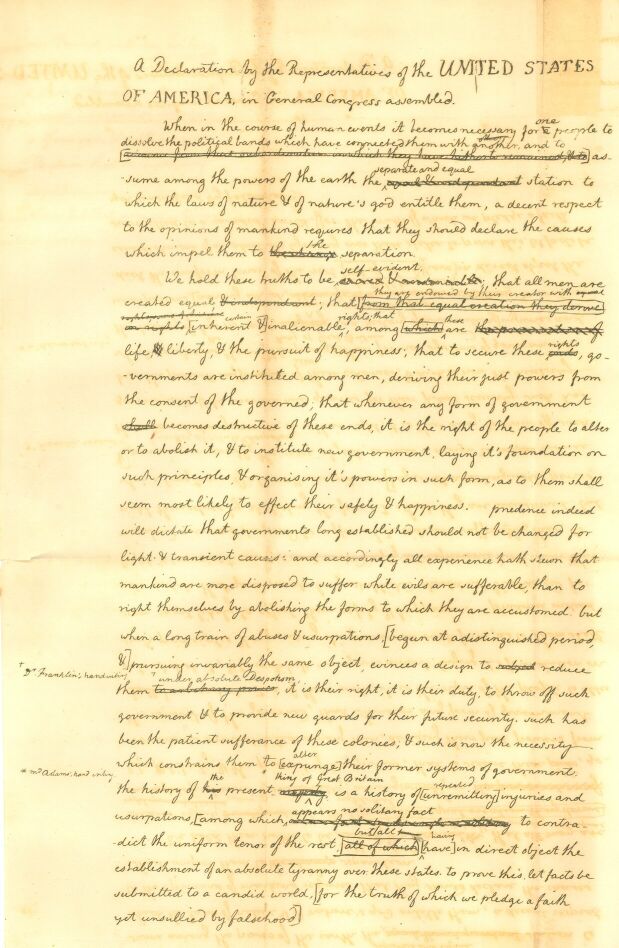 First page. Handwritten draft text with editing notes and crossed out words, on faded parchment paper.